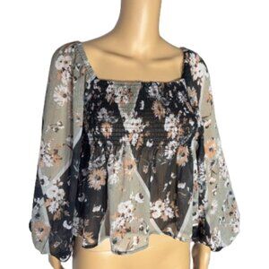 By Together Black Green Floral Peasant Blouse with Smocked Neckline Medium